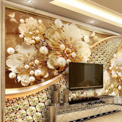 پوستر دیواری سه بعدی طرح گل های طلایی و نگینی